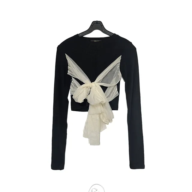 [시즌오프] double ribbon see-through tie crop long sleeve / 더블 리본 시스루 타이 크롭 롱슬리브