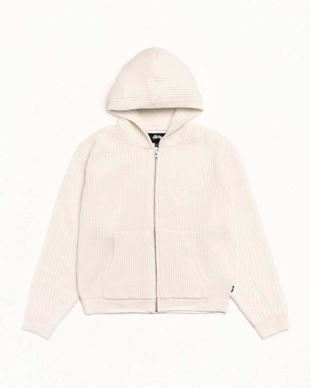 WAFFLE CASHMERE ZIP HOOD SWEATER - Ivory / S