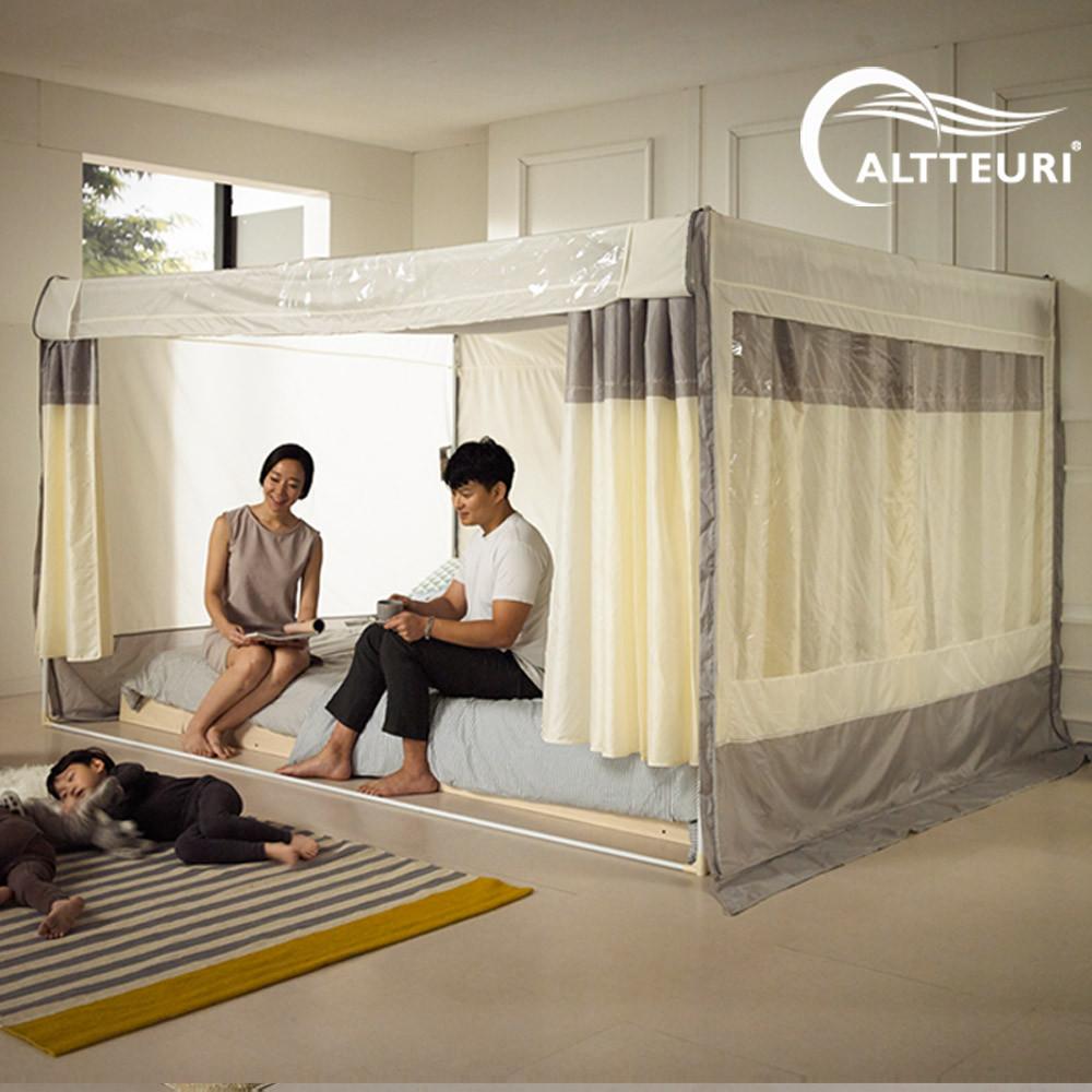알뜨리 소프트 사각난방텐트+투라인 스텐봉 커튼형 세트 침대 방풍 방한 보온