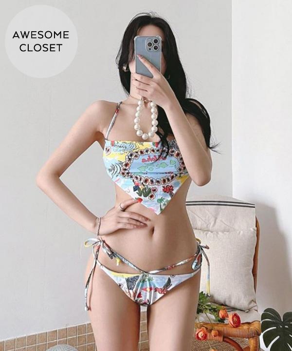 테일 유니크패턴 스카트 탑 트임 비키니