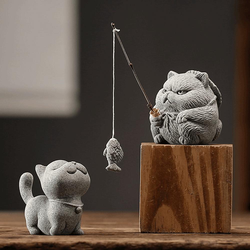 차친구 낚시하는 협객 고양이 청사석 향꽂이 차총 다도 장식품