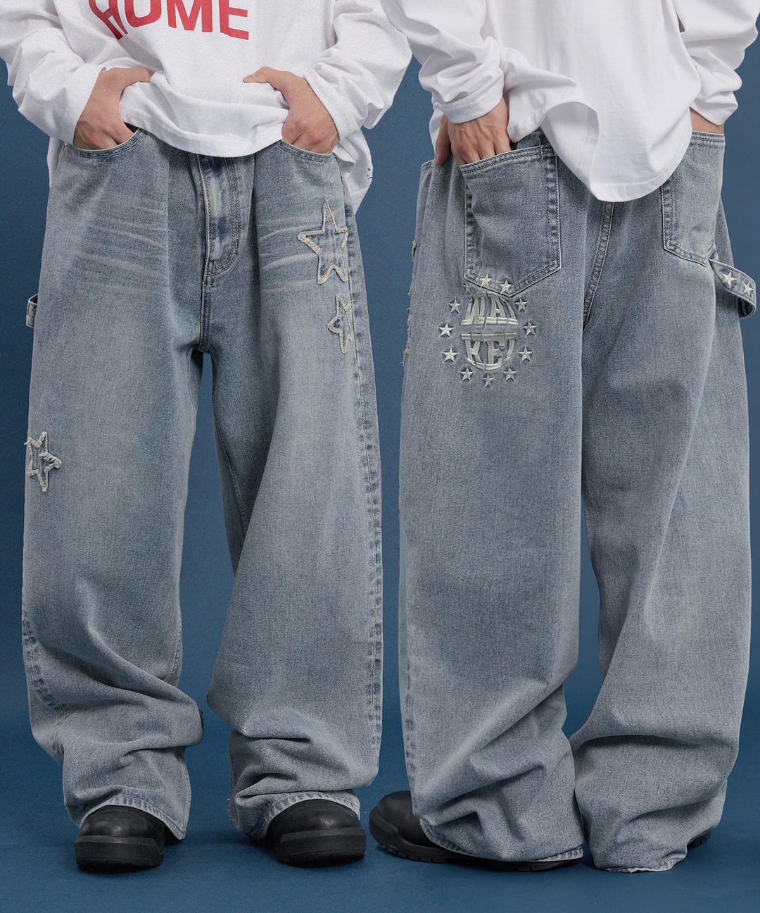 [12/11예약배송]스타 아플리케 자수 데님 팬츠 옐로우 워시드 라이트블루