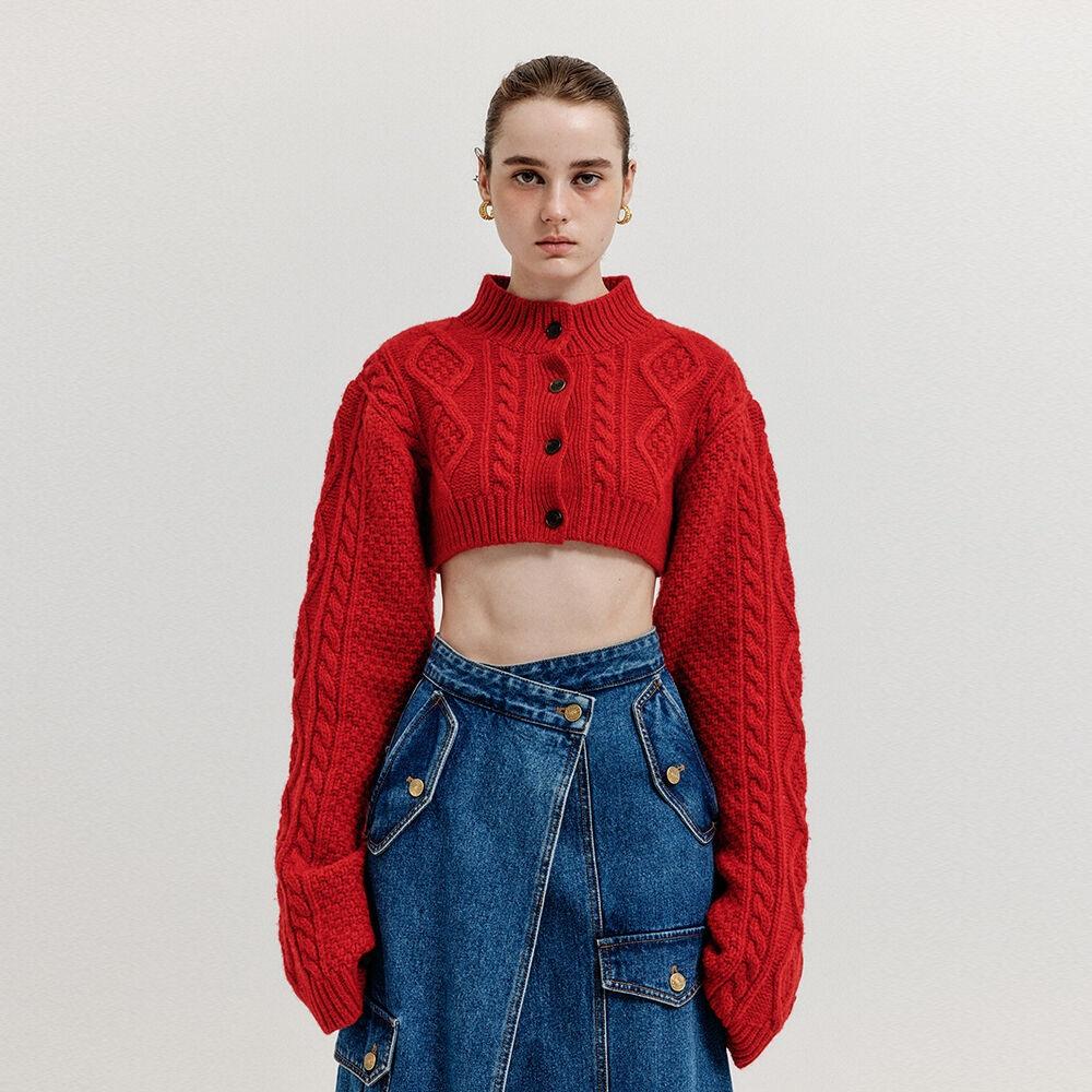 XILI Cable Knit Crop Cardigan - Red