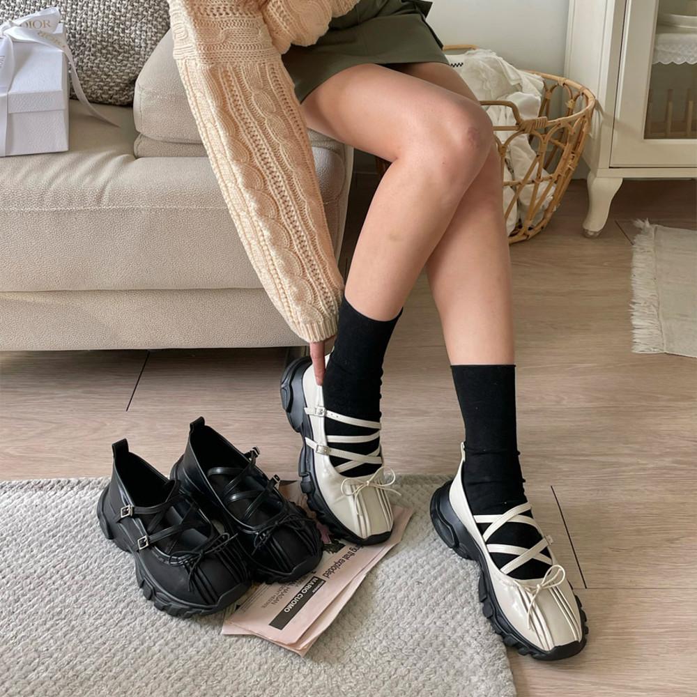 발등 리본 버클스트랩 메리제인 어글리 통굽 스니커즈 슈즈 (2color/4cm)