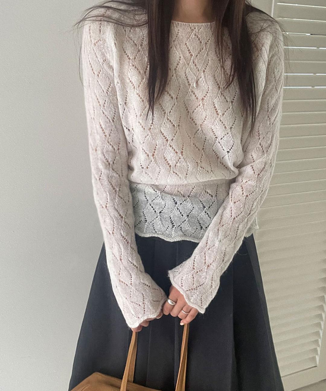 무드프랑 루떼 스카시 펀칭 알파카 스트랩 라운드넥 간절기 니트