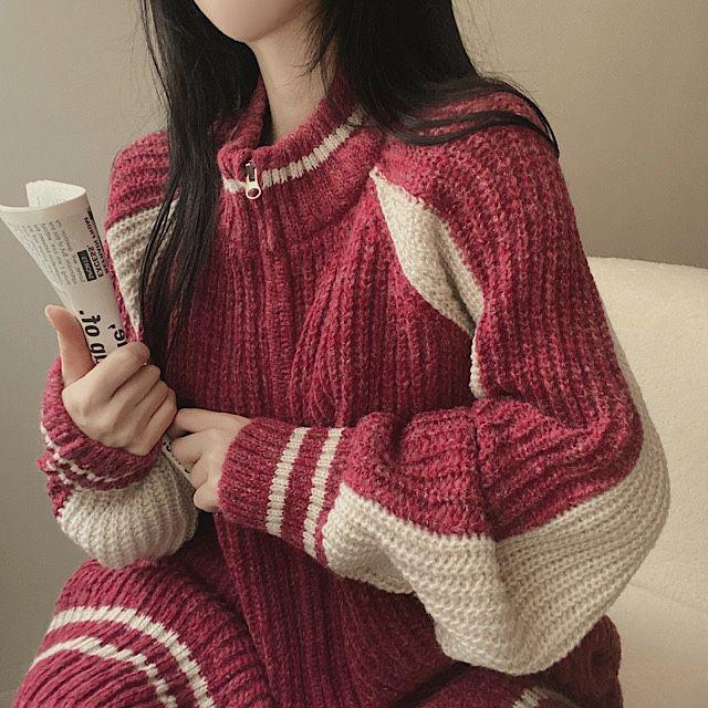 [국내제작/고퀄!] 투웨이 남녀공용 바시티 오버핏 니트 집업 4color_럽앤썸