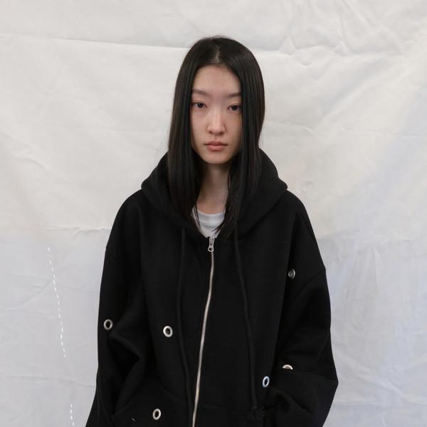 Eyelet Fleece Hood Zip-Up (Black)