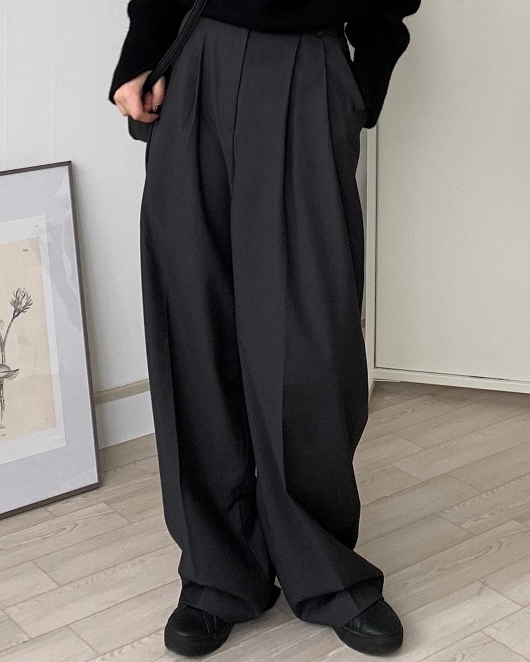 [3~4일 여유주문]핀턱 론 와이드 슬랙스