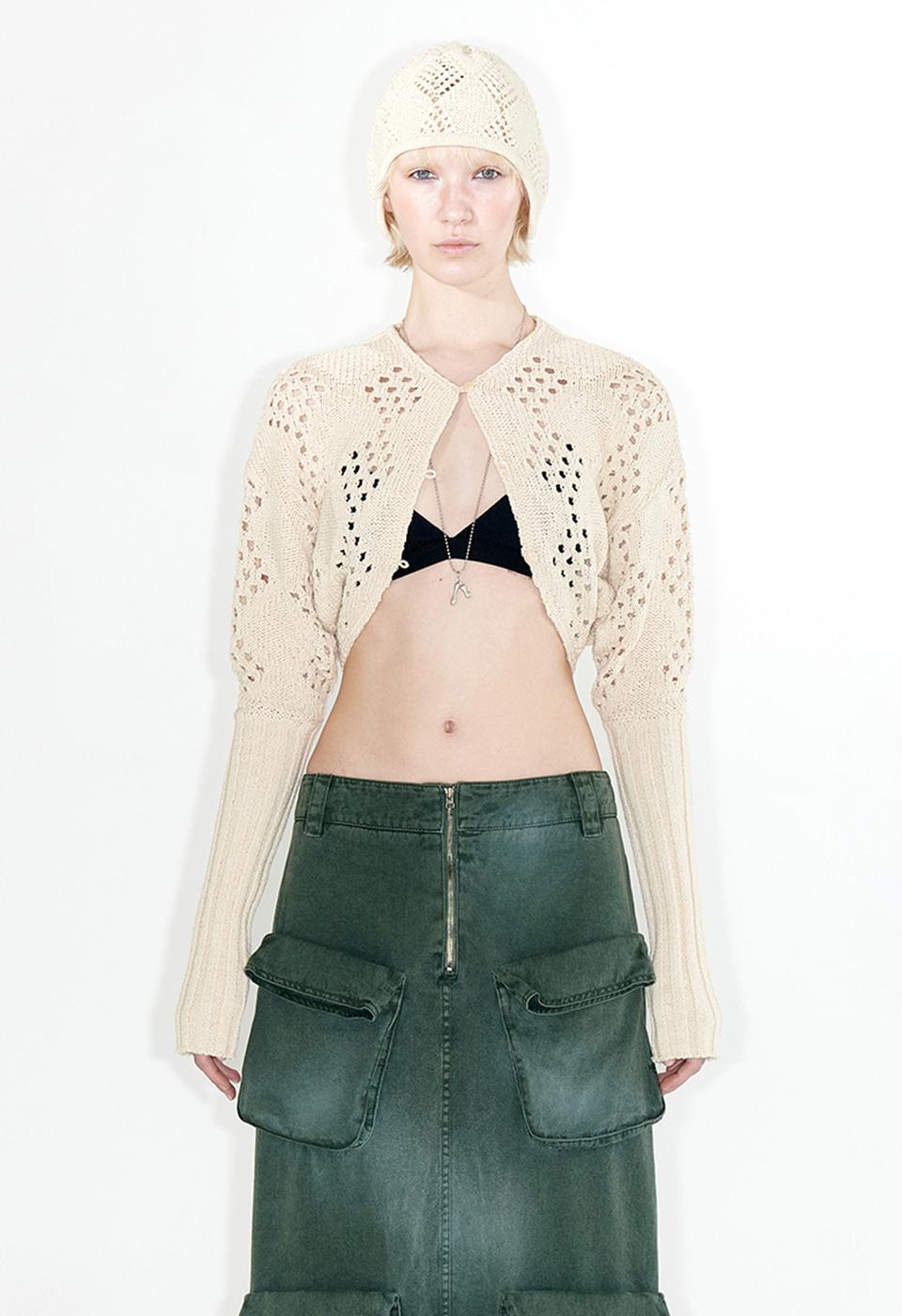 ARGYLE POINTELLE KNIT BOLERO, BEIGE