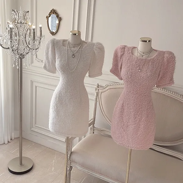 [청순러블리~예쁨💜] 포니아 뽀송 미니 원피스 / 결혼식 하객룩 행사룩 데이트룩 파티룩 브라이덜샤워 돌잔치원피스 겨울원피스 연말모임룩 셀프웨딩 웨딩촬영 앙고라원피스 니트미니원피스