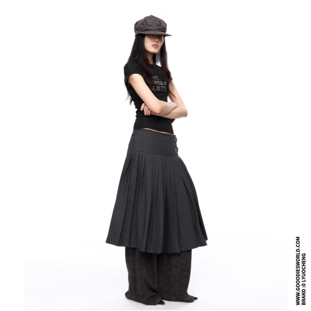 LYUOCHENG 스커트 버튼 체크 무늬 플리츠 미니 스커트
