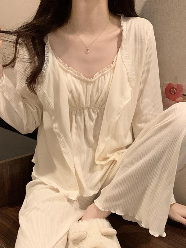 무드문 [캡내장] 크림베이지 3pcs 민소매 가디건 상하세트 파자마 잠옷