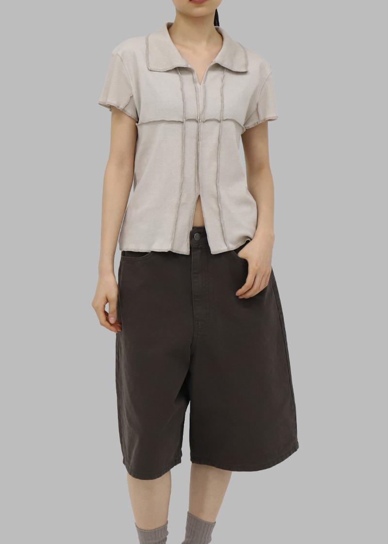 투스 절개 반팔 티셔츠_베이지