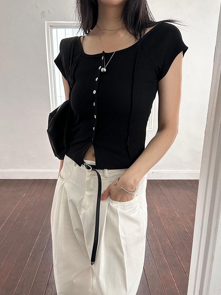 골지 반팔티 캡소매 여성 스퀘어넥 슬림핏티