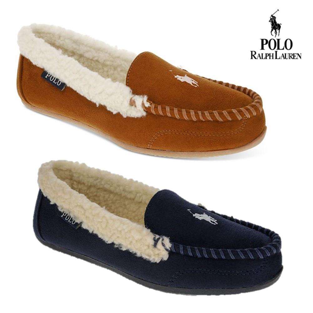 폴로 랄프로렌 여성 털신 Declan 플리스 안감 마이크로스웨이드 양털 모카신 탄/네이비