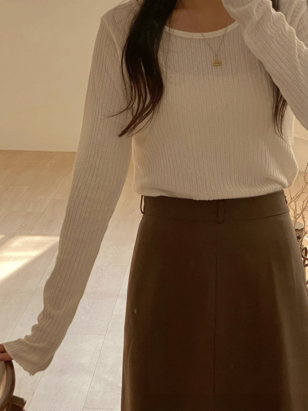 모리 골지 라운드 유넥 니트 티셔츠 - t