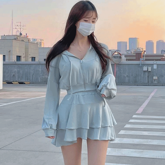 💝러블리룩/저가랑 비교X/총알배송🚀💝 *속바지有/사장강추/4칼라* 여리여리 꾸안꾸 크롭 빅 후드 집업 플레어 캉캉 스커트 치마 추리닝 트레이닝 복 투피스 세트, 마실룩 여행룩