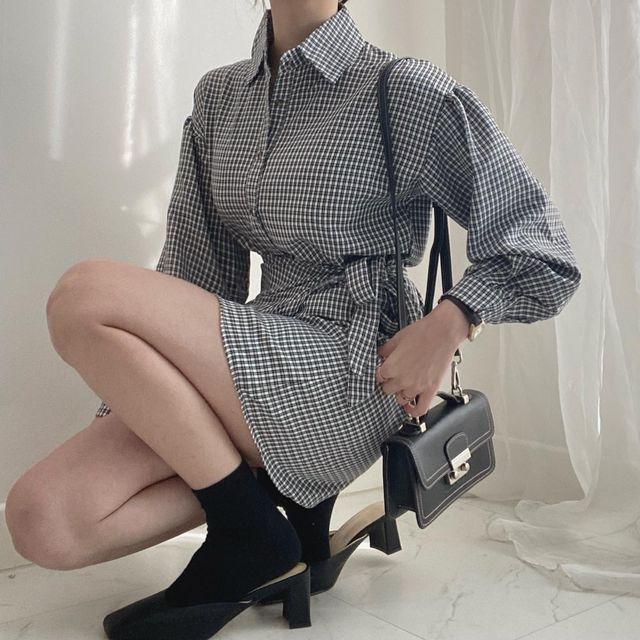 체크원피스 랩원피스 셔츠원피스 체크셔츠  2col_무드글램