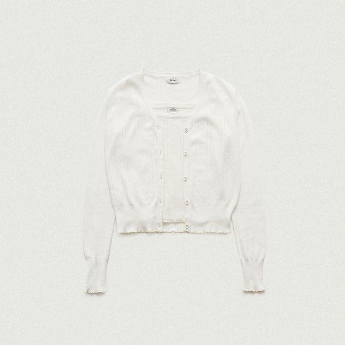 Cotton Eyelet Knit Cardigan Ensemble With Sleeveless Top (Ivory)