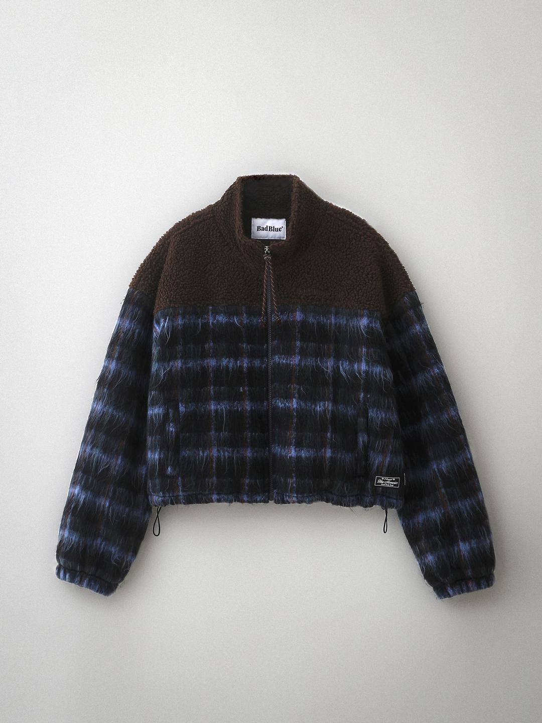 Fleece & Wool Check Crop Jacket Navy
