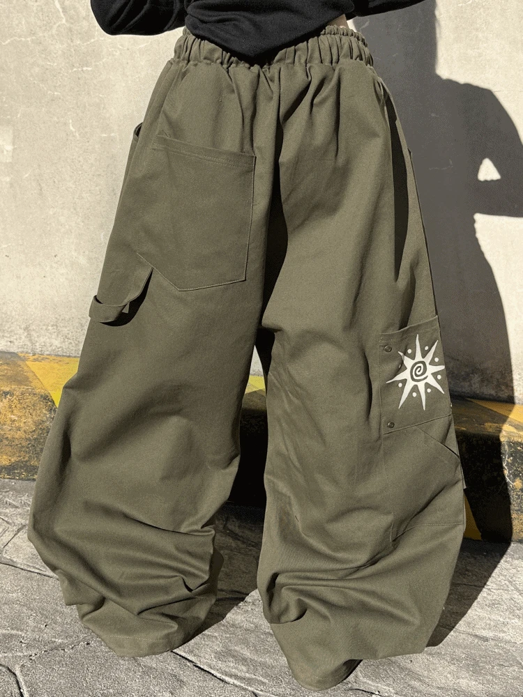 [UNISEX/소장추천!]빈티지 더 스탬프 패턴 리벳 징스 포인트 카펜더 코튼 루즈 와이드 파라슈트 스트랩 팬츠(5color)