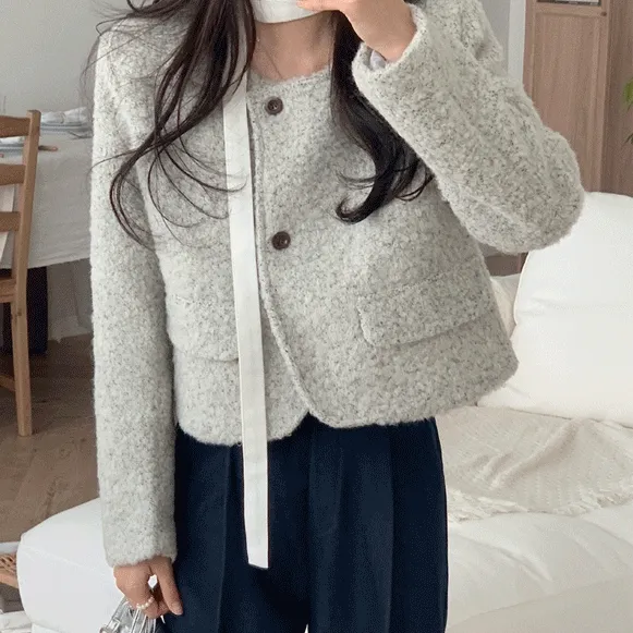 [wool30/보송]쿠앤크 노카라 부클 크롭 더블 울 자켓