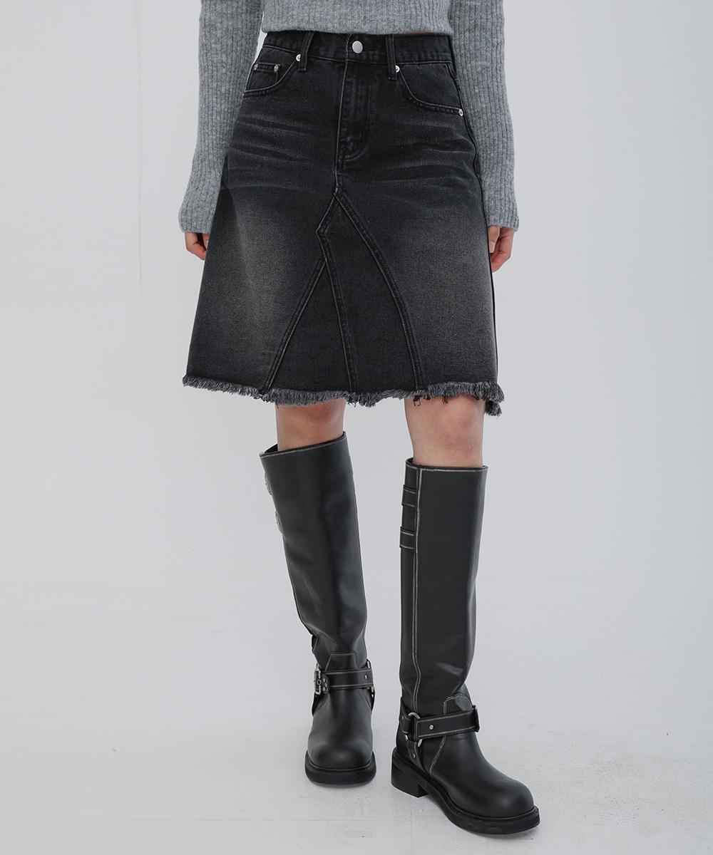 빈티지 워싱 웨스턴 미디 스커트 블랙