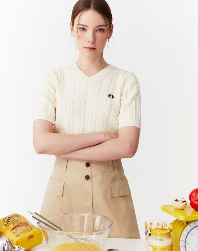 [HARRY] 아이보리 변형 케이블 반팔 스웨터