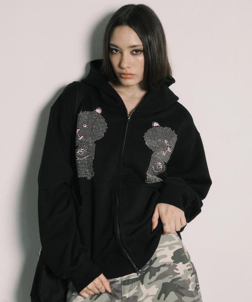 RHINESTONE DALGOMM HOOD ZIP-UP BLACK