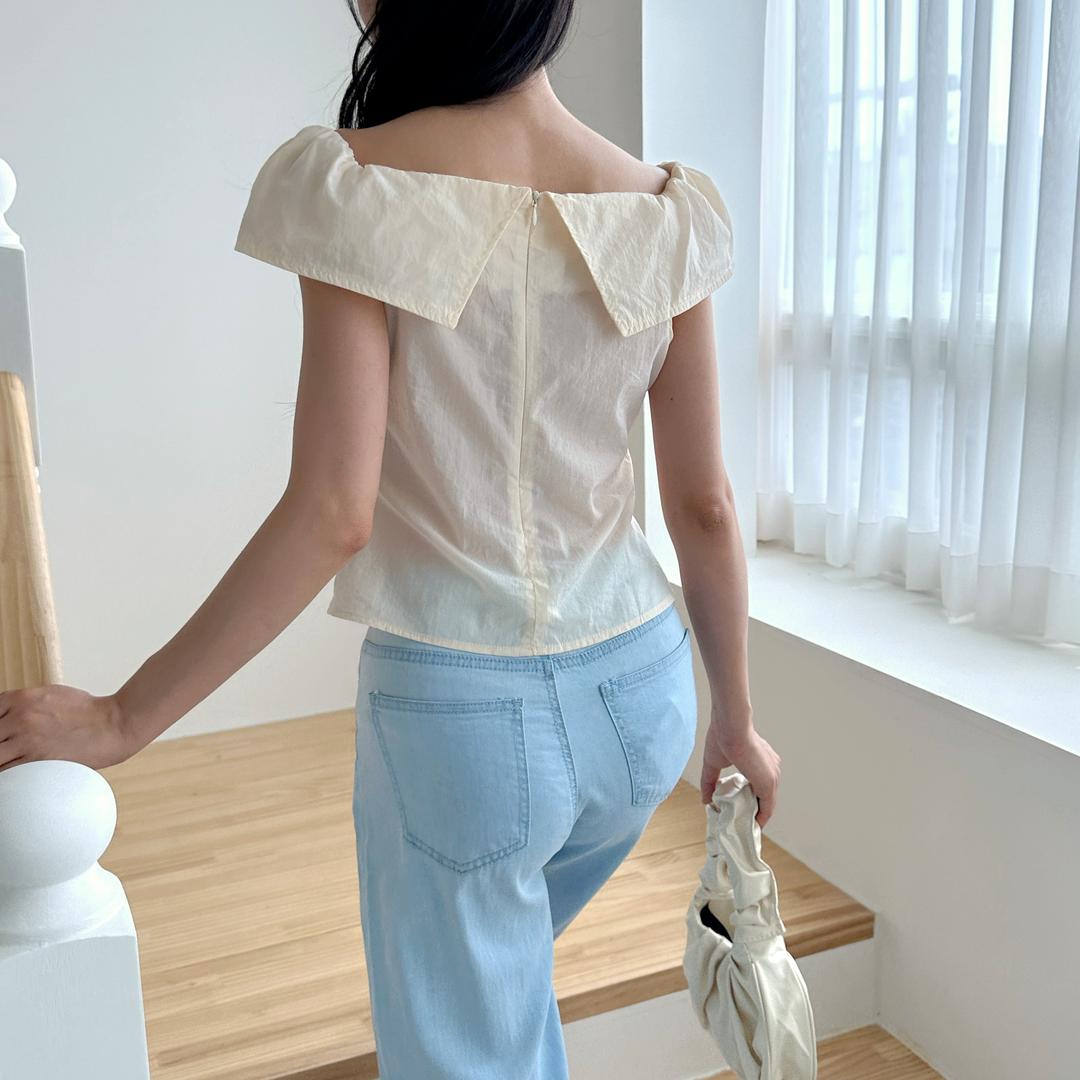 앙또드 [당일출고] 나사 여름 스퀘어넥 오프숄더 반팔블라우스 썸머 블랙 하객룩 바스락 블라우스