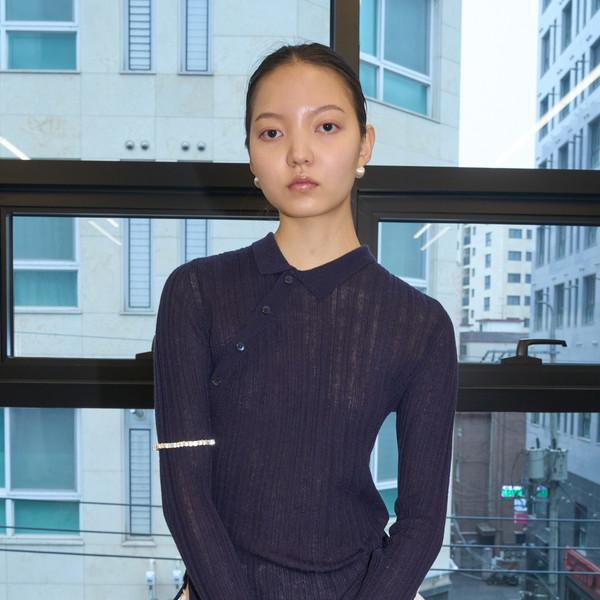 Unbalanced Slim-Fit Ribbed Cardigan (Navy)