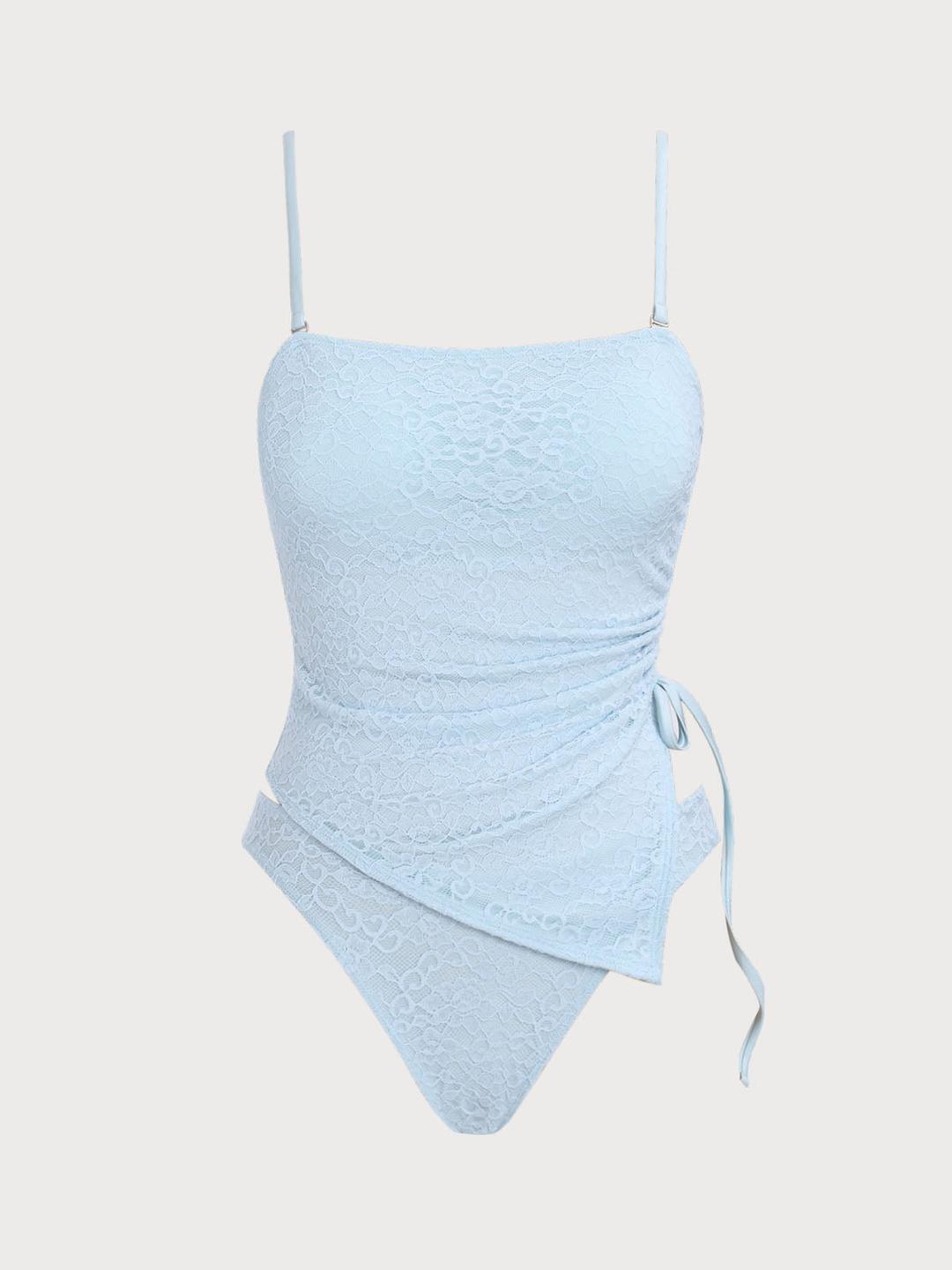 Blue Side Ruched Lace Tankini Swimsuit