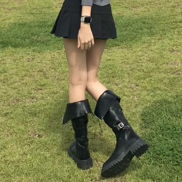 sugarrune 지퍼 버클 미들 롱부츠