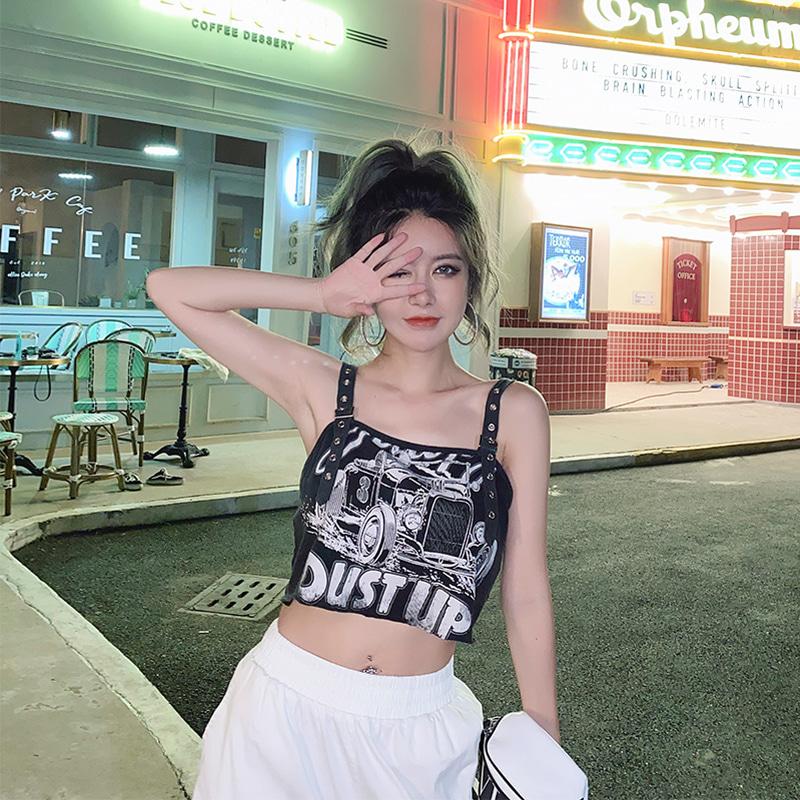 유니크 프린팅 크롭 나시탑