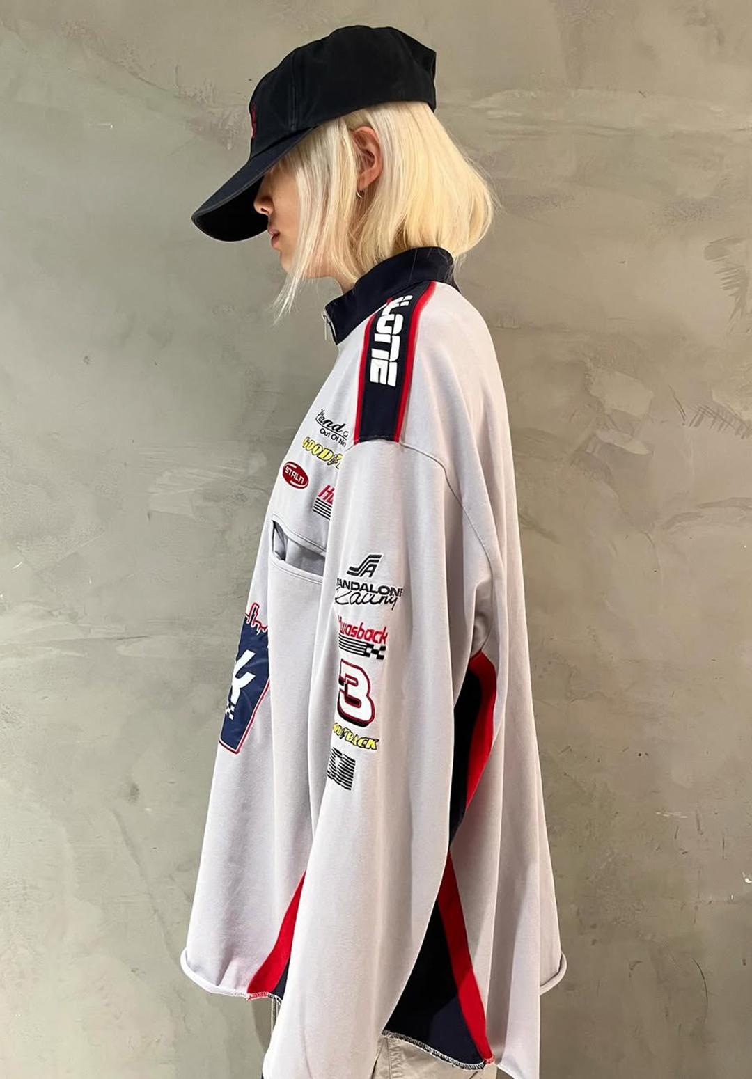 RACING EMBROIDERY HALF ZIP-UP, MELANGE GREY