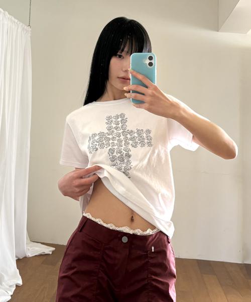 FLOWER CROSS SLIM T SHIRT - WHITE