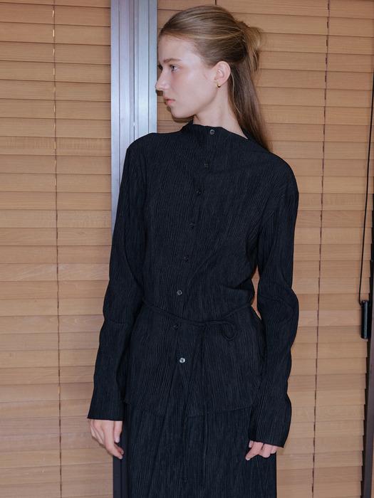 Jane Mock-neck Pleats Cardigan (Black)