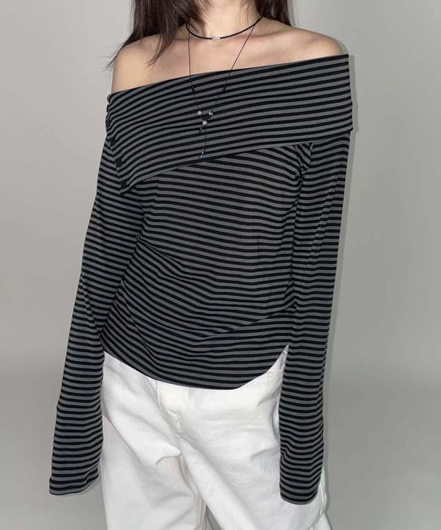 스트라이프 오프숄더 버튼 루즈핏 긴팔 티셔츠