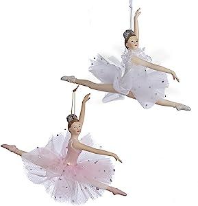 Kurt Adler Pink and White Ballerina Plastic Christmas Ornaments 2 Assorted