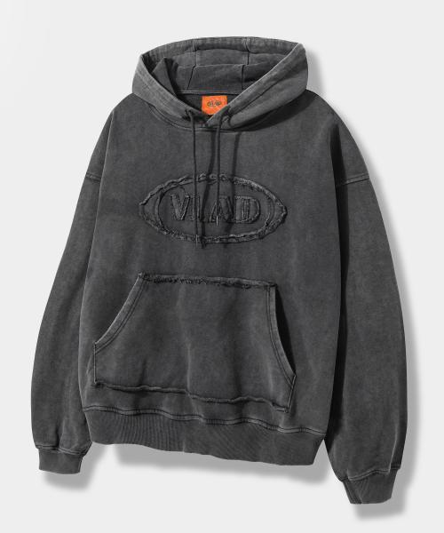 [기모선택] VLAD 컷오프 아플리케 후드 티셔츠_차콜