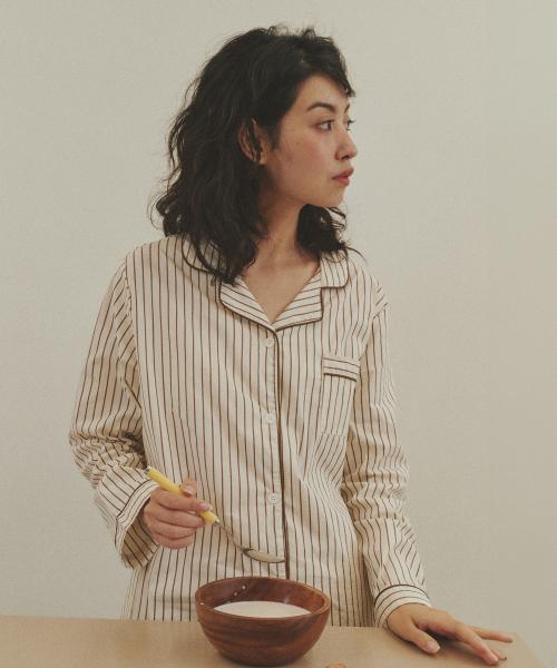 (w)스탠다드 빈 스트라이프 파자마 긴소매세트 브라운아이보리