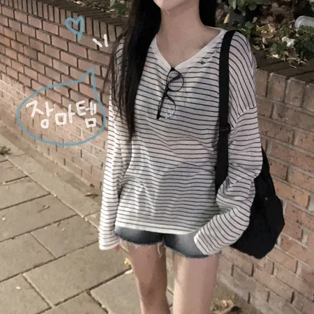 [당일출고!여리템!시원하게💦]여유있는핏,시스루 단가라 스트라이프 여리핏 긴팔티셔츠 3color