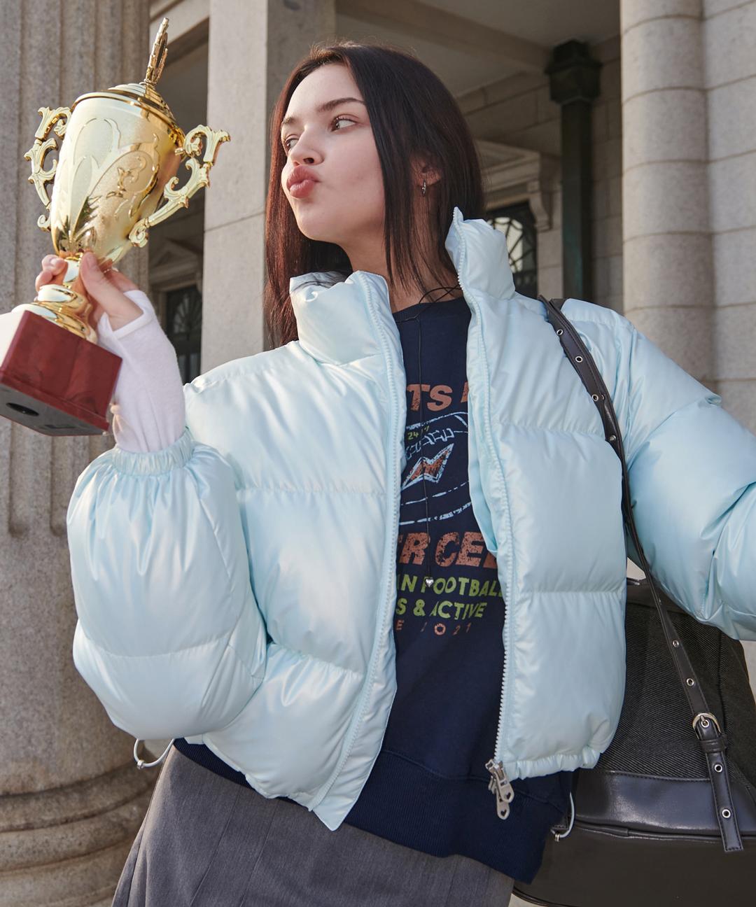 Glossy Crop Puffer Jacket-L/Blue