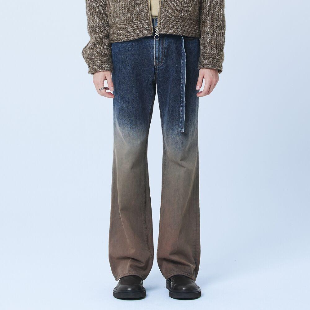 Gradation Flare Belted Denim - BROWN