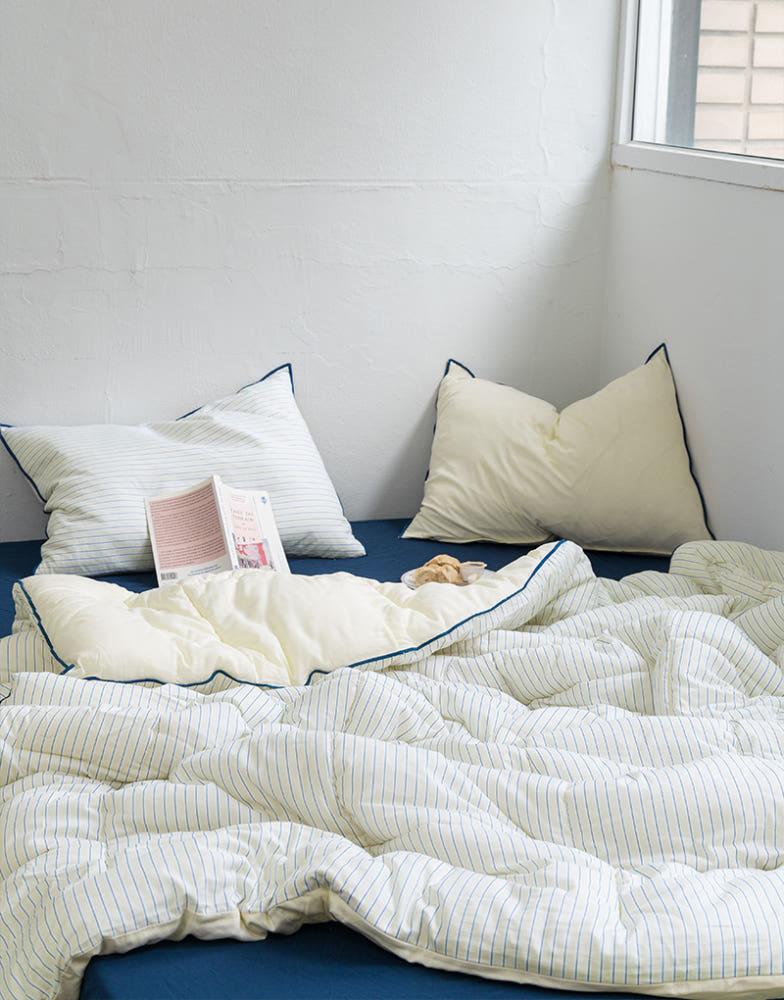 오디너리 스트라이프 순면+렌징모달100% 체온조절 차렵이불 단품 Q 베이지네이비