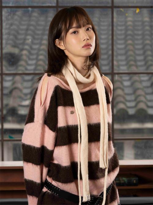 블럭 스트라이프 오프숄더 니트 [핑크]