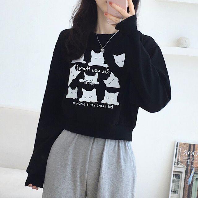 [1+1할인/당일출고] 우리집 고양이 크롭 맨투맨 - 키작녀 키큰녀 봄 여름 가을 겨울 사계절 레이어드 데일리 라운드 티셔츠
