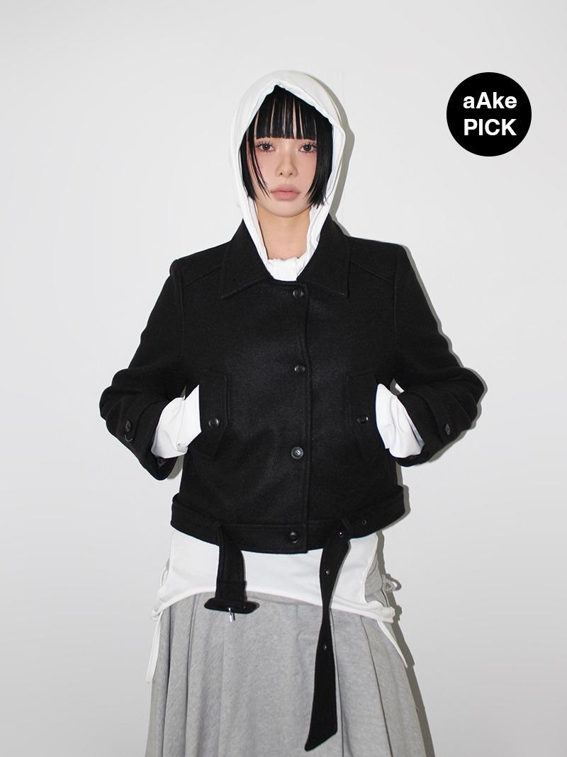 BELTED HIGH-NECK SHORT COAT (charcoal / black)