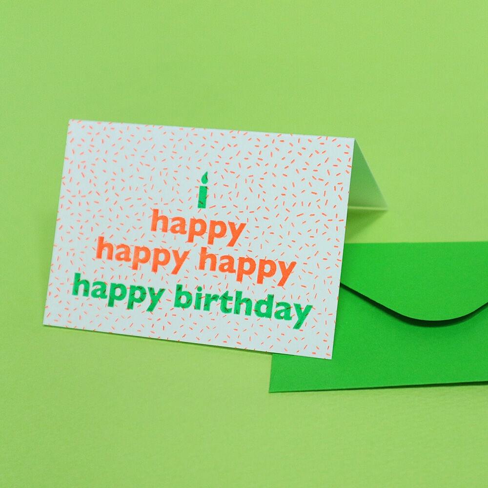 Happy birthday 생일축하 케이크 네온 오렌지 그린 레터프레스 미니카드