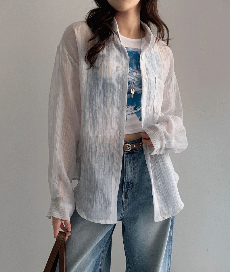 라벤 시스루 스트라이프 셔츠